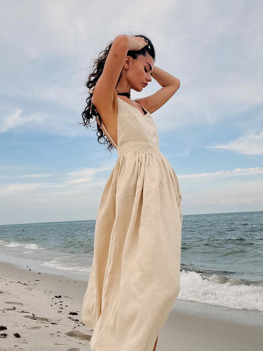 Sexy Backless Beach Dress Women V Neck Splice Folds Maxi Dress