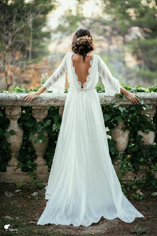 Sexy Chiffon 3/4 Sleeves and Backless Bridal Dresses Long Chiffon Beach Wedding Dresses N1268