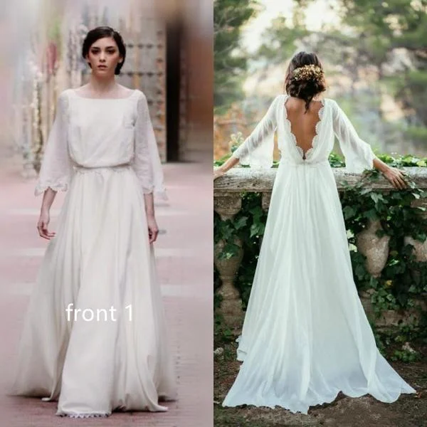 Sexy Chiffon 3/4 Sleeves and Backless Bridal Dresses Long Chiffon Beach Wedding Dresses N1268