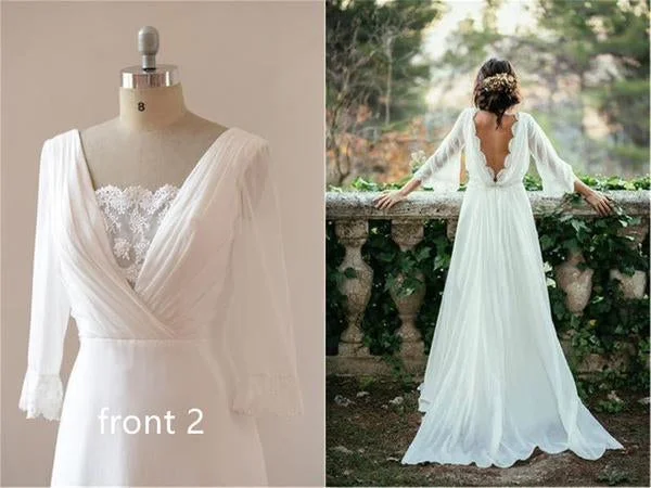 Sexy Chiffon 3/4 Sleeves and Backless Bridal Dresses Long Chiffon Beach Wedding Dresses N1268