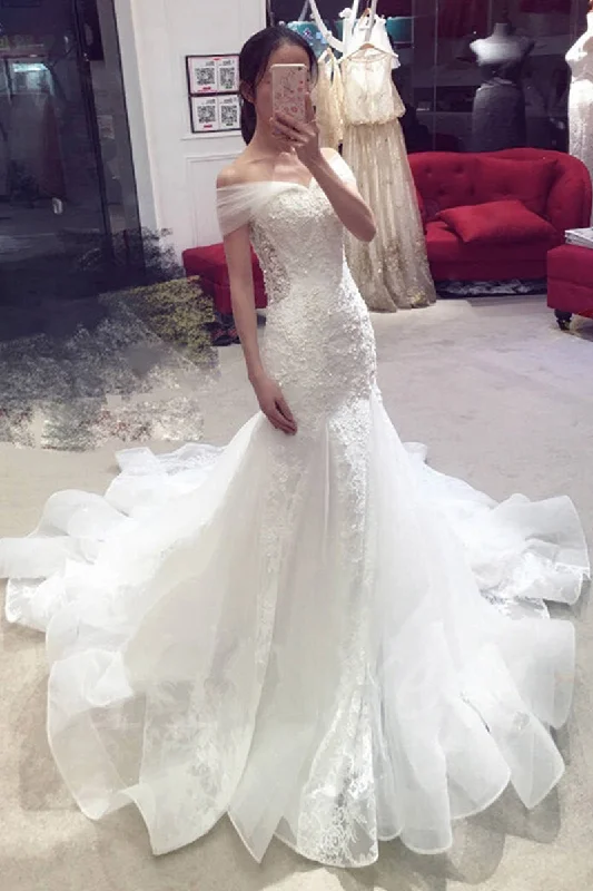 Sexy Mermaid Off-the-shoulder Chapel Train Lace Applique Bridal Dresses Wedding Gown N547