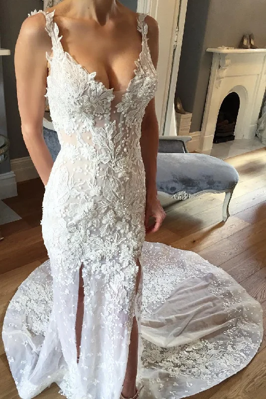 Sheath V-Neck Sleeveless Court Train Lace Appliques Bridal Dresses Beach Wedding Gown N537