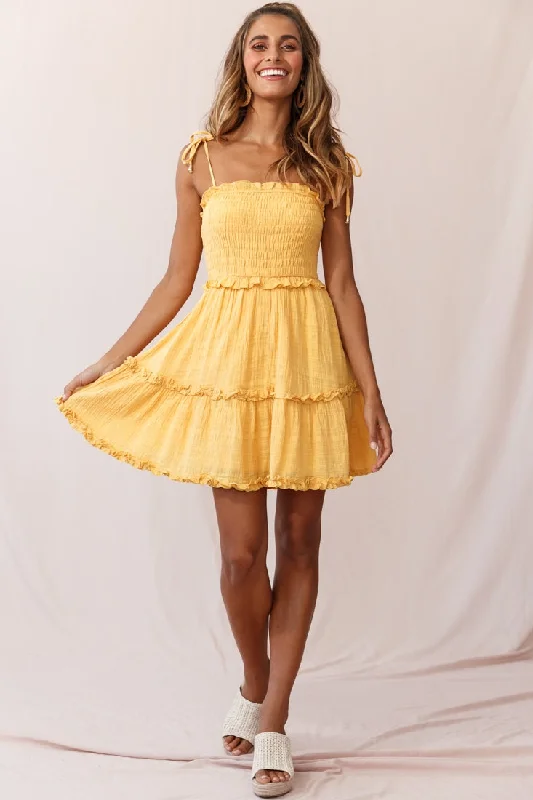 Sherry Tied Shoulder Shirred Bust Dress Yellow