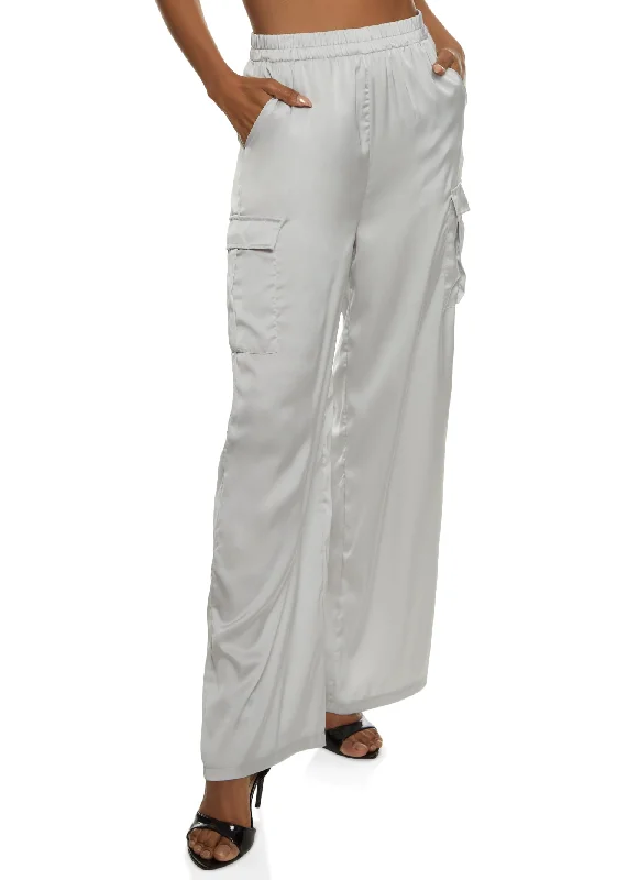 Satin Cargo Pocket Wide Leg Pants