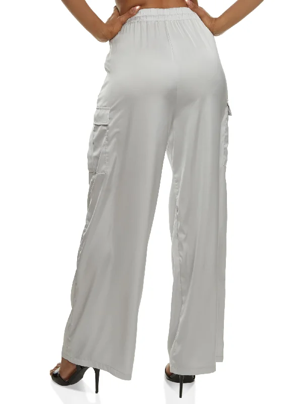 Satin Cargo Pocket Wide Leg Pants