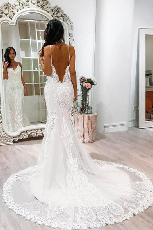 Spaghetti Strap Mermaid Backless Lace Wedding Dresses