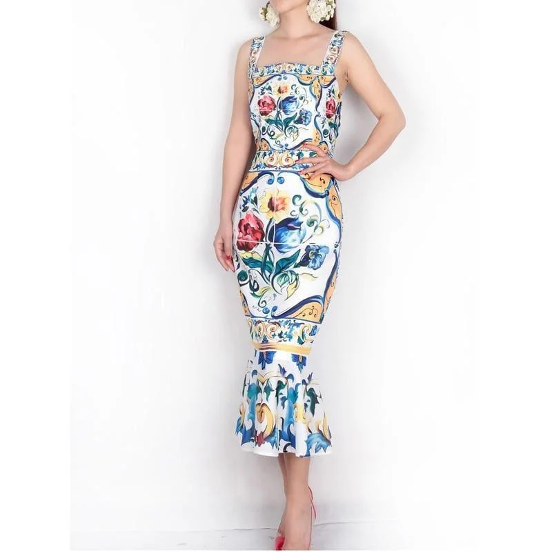 Spaghetti Strap Luxury Porcelain Print Silk Trumpet Sheath Mid-Calf Square Collar Midi Dress