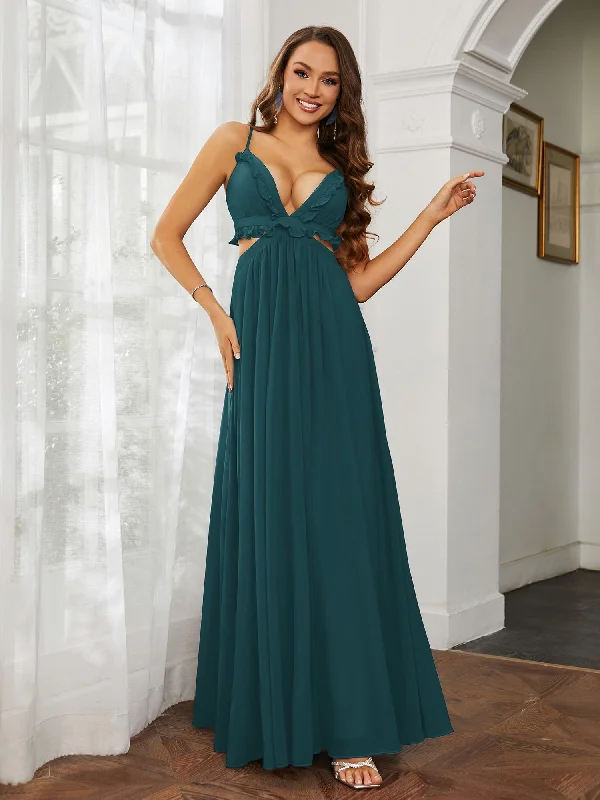 Spaghetti Strap Ruffled Chiffon Cutout Maxi Sexy Dress Peacock