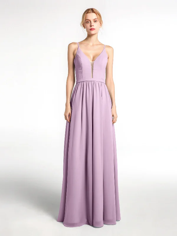 Spaghetti Strap Simple Chiffon Dress with Notch Neck Wisteria