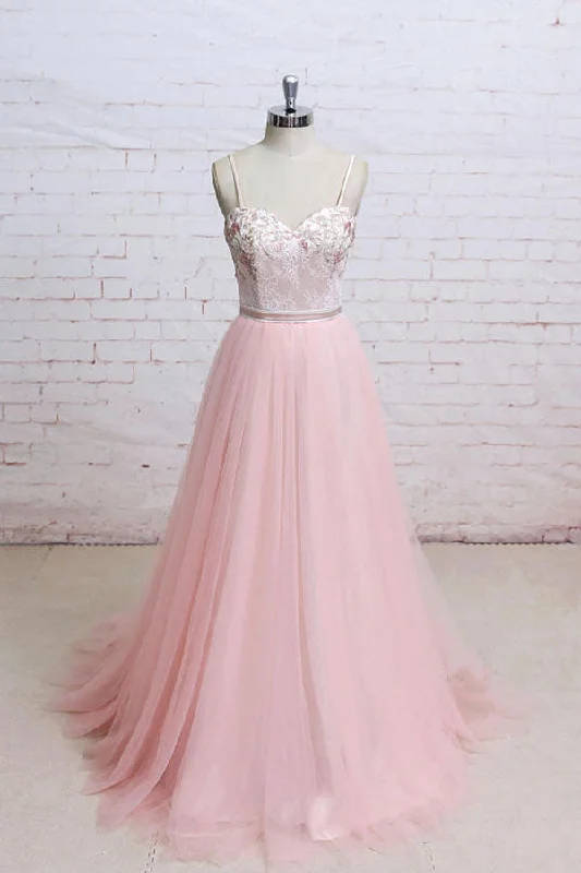 Spaghetti Straps Pink Lace Flora Tulle Sweetheart Backless Wedding Dresses Prom Dresses N820