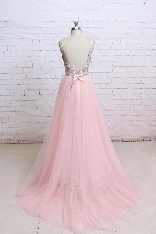 Spaghetti Straps Pink Lace Flora Tulle Sweetheart Backless Wedding Dresses Prom Dresses N820