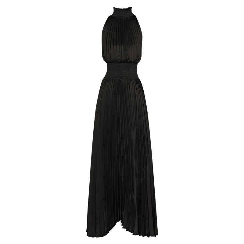 Stand Collar Sleeveless Elastic Waist Elegant Party Long Pleated Mdii Dress