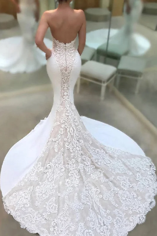 Strapless V-neck Mermaid Court Train Appliques Lace Wedding Dresses N1089