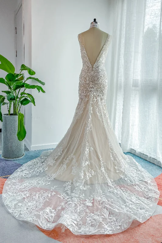 Trumpet-Mermaid Court Train Lace Tulle Wedding Dress CW3144