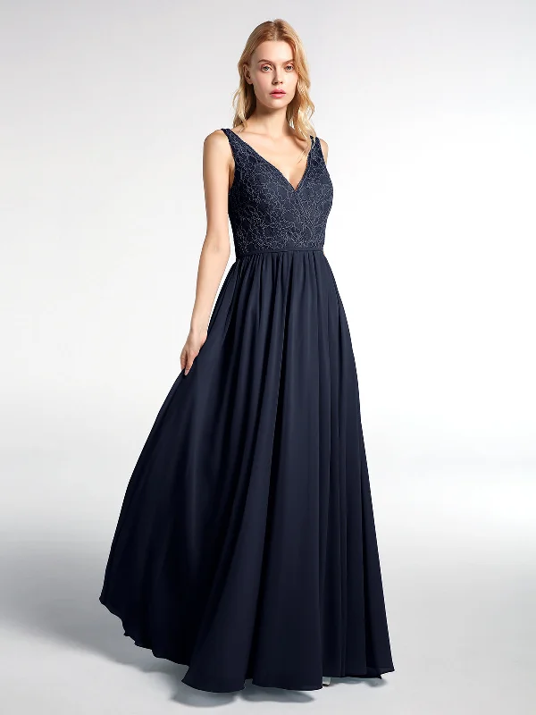 V-neck Lace Top Chiffon Skirt Maxi Dress-Dark Navy