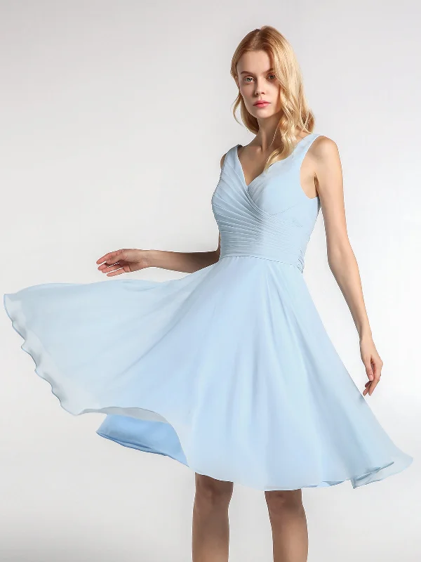 V neck Pleated Bodice Circle Skirt Mini Dress Sky Blue