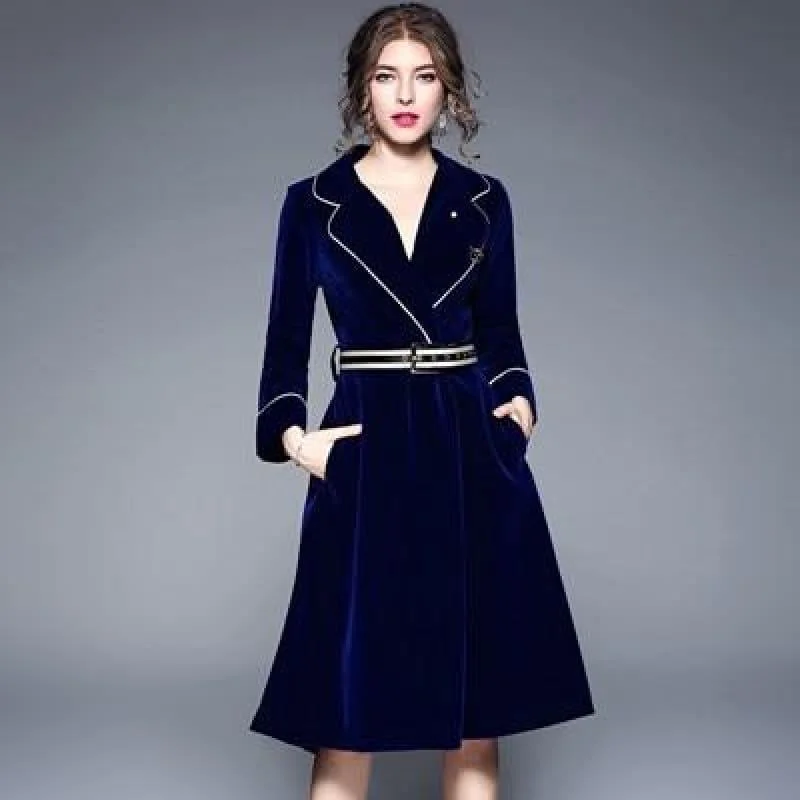 Velvet A-line Solid Long Sleeve Notched Collar Business Wear Midi Dress