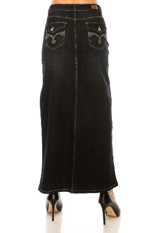 Vydia Distressed Long Denim Skirt in BLK