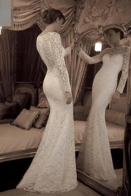 Vintage Ivory Trumpet Long Sleeves Lace Long Beach Wedding Dresses Lace Prom Gown N544