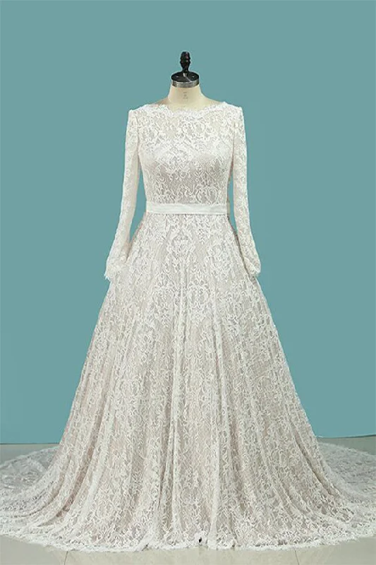 Vintage Long Sleeves Lace Wedding Dresses with Sash A Line Backless Bridal Dresses N939