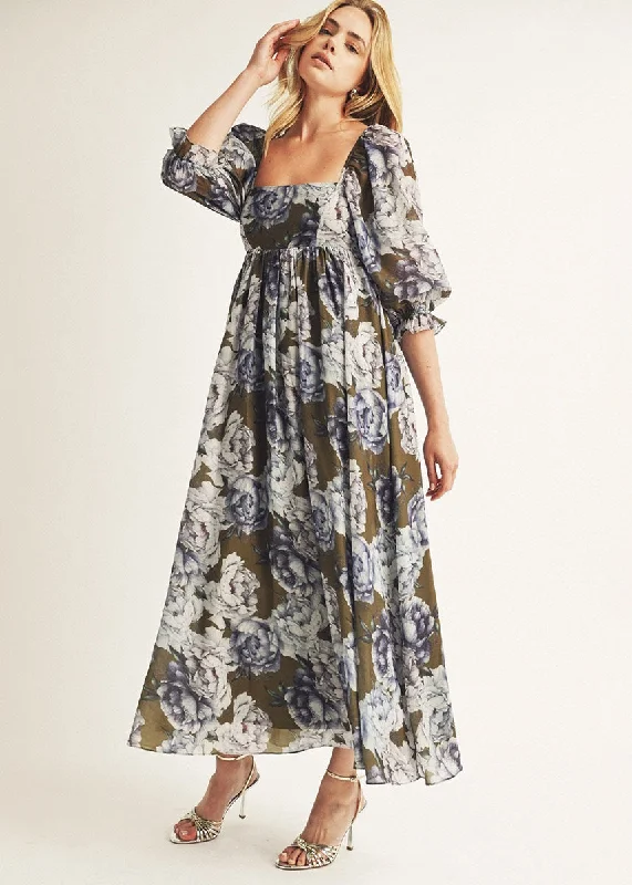 Willa Floral Baby Doll Maxi Dress - Olive & Blue