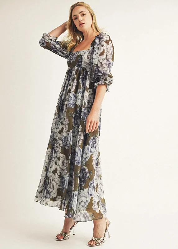 Willa Floral Baby Doll Maxi Dress - Olive & Blue