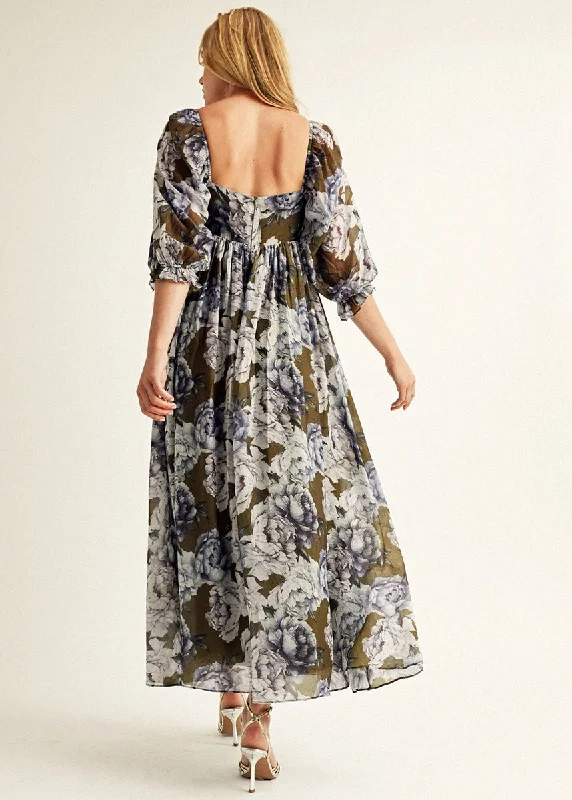 Willa Floral Baby Doll Maxi Dress - Olive & Blue