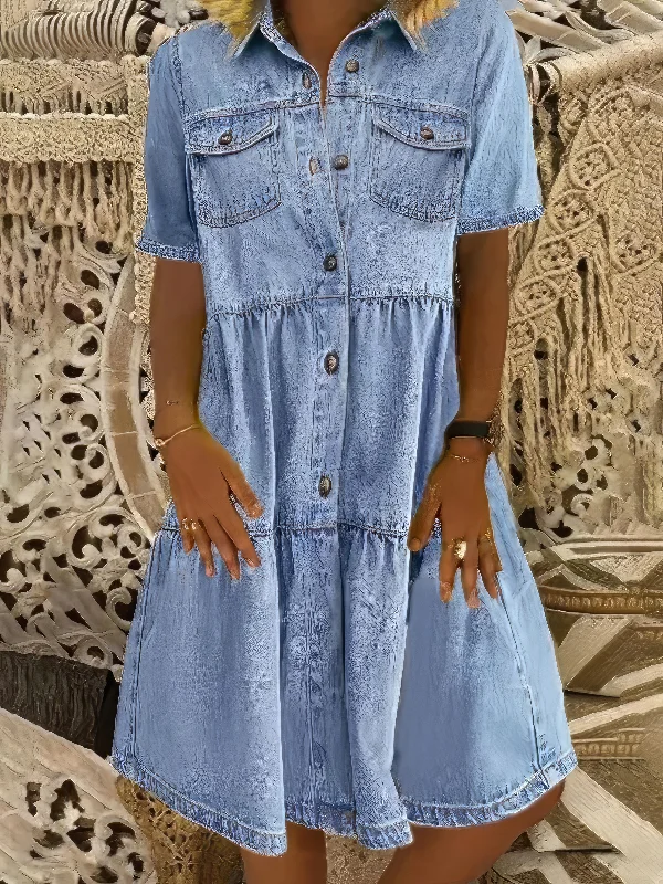 Down Loose Short Sleeve Denim Jean Dress - Drop Shoulder