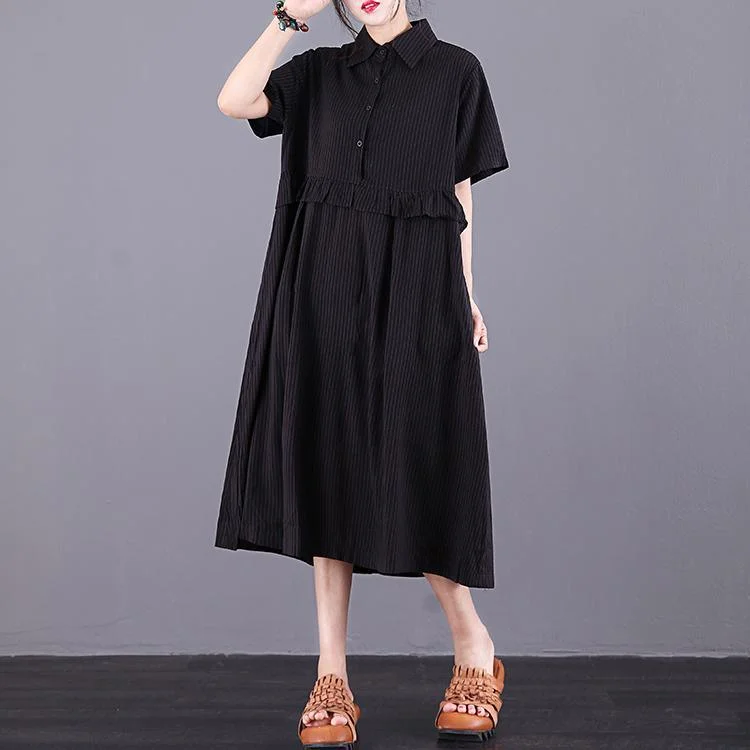 Women lapel patchwork cotton tunics for Sewing black striped Dress summer