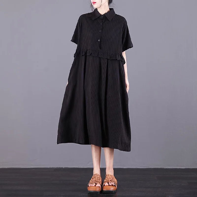 Women lapel patchwork cotton tunics for Sewing black striped Dress summer