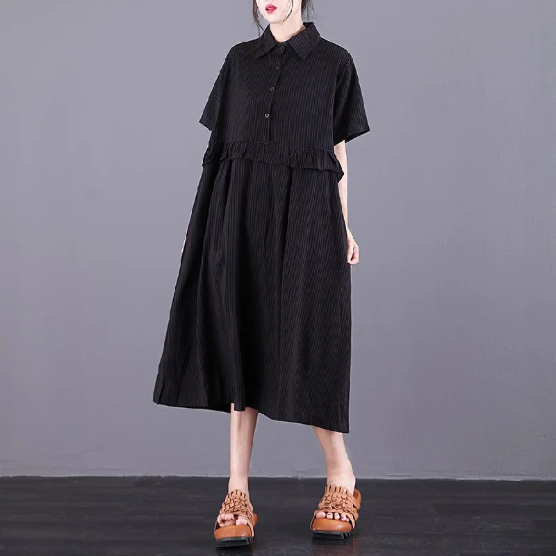 Women lapel patchwork cotton tunics for Sewing black striped Dress summer