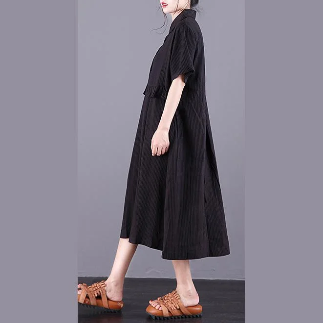 Women lapel patchwork cotton tunics for Sewing black striped Dress summer