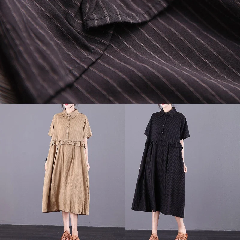 Women lapel patchwork cotton tunics for Sewing black striped Dress summer