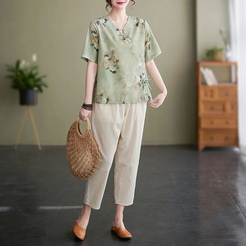 Women's Fashion Artistic Cotton And Linen Printing Suit