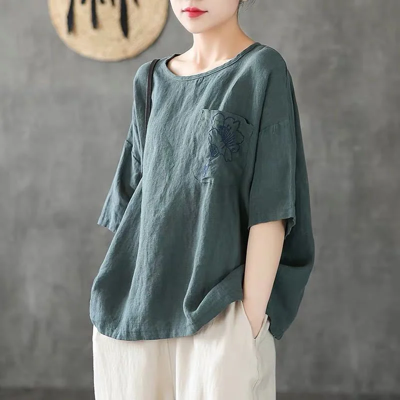 Women's Fashion Casual Embroidered Cotton And Linen T-shirt