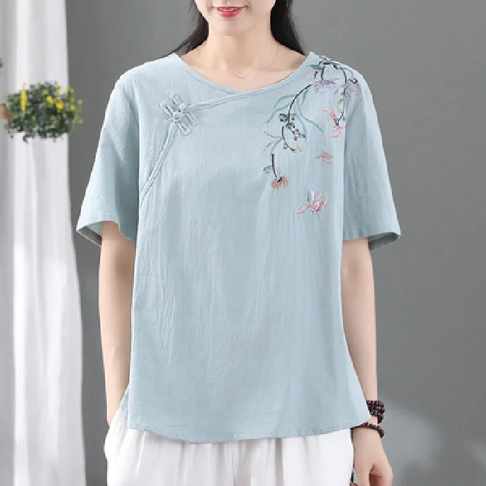 Women's Fashion Retro Frog Button Short Sleeve T-shirt