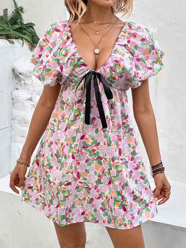 BerryBetty - Women's Floral Puff Sleeve Mini Dress