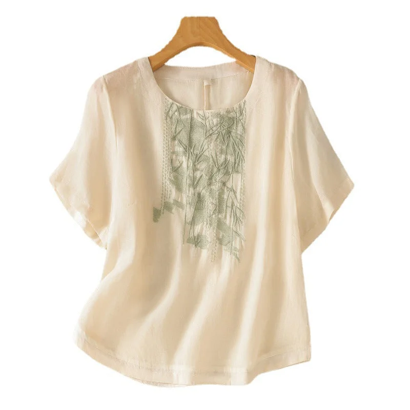 Women's Graceful And Fashionable Heavy Industry Embroidered Cotton And Linen Top