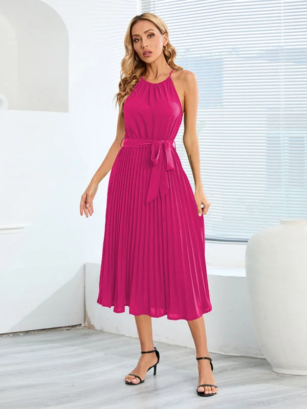 BerryBetty - Women's Solid Color Pleated Halter Midi Dress