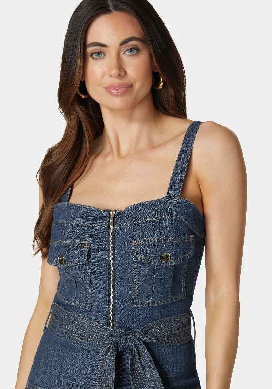 Zip Front Belted Cargo Denim Romper